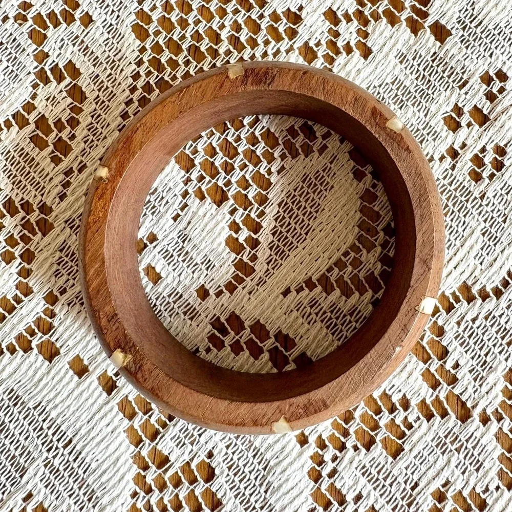 Vintage Wood Bangle Bracelet Cream Inlay Stripes Statement Bohemian Chunky Retro